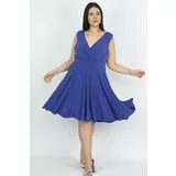 Şans Women's Plus Size Saxe Blue Wrap Neck Back Waist Elastic Detailed Dress