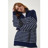 Women's Navy Blue White Zippered High Collar Striped Oversize Sweater | Eponuda.ba