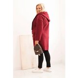 Kesi Włoski Plus Size women's coat made of faux shearling with a hood and pockets burgundy | Shoptok.si