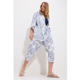 Trend Alaçatı Stili Women's Indigo Patterned Kimono With Jacket And Trousers Linen Woven Bottom Top Set | Shoptok.si