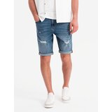 Ombre Men's short denim shorts with rubbing and rolled up leg - blue Cene