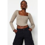 Trendyol Stone Piping Detail Square Collar Fitted/Situated Crop Interlock Knitted Blouse | Shoptok.si