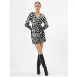 Koton Zebra Patterned Dress Mini Wrapped Long Sleeves V-neck