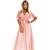 numoco basic 545-4 Long dress with pleated neckline and tie - peach color | Shoptok.si