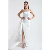 Lafaba Women's White One-Shoulder Stone Long Satin Evening Dress