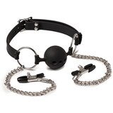 Rimba Latex Play Mouthgag with Ball and Nipple Clamps Black Cene