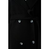  Women's Black Double Breasted Neck Belted Oversize Cachet Coat | Shoptok.si