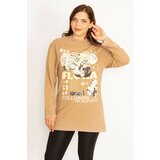 Şans Women's Plus Size Camel Front Printed Sweatshirt Cene