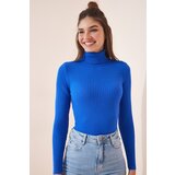  Women's Vibrant Blue Turtleneck Corduroy Lycra Sweater Cene