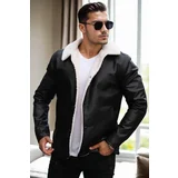 Dewberry 70670 Furry Black PU Jacket-BLACK