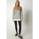 Happiness İstanbul Women's Biscuits Cream Striped Zippered Stand-Up Collar Knitwear Sweater Cene