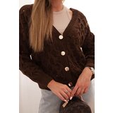 Kesi Włoski Women's openwork sweater with a V-neck and gold buttons brown | Shoptok.si