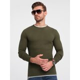 Ombre Men's cotton sweater with round neckline - dark olive cene