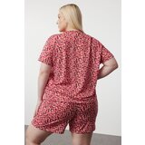 Trendyol Curve Pink Flower Patterned V-Neck Knitted Pajama Set | Shoptok.si