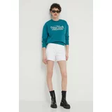 Tommy Jeans Bombažen pulover ženska, turkizna barva