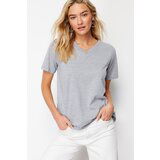 Trendyol Gray Melange 100% Cotton Basic V-Neck Knitted T-Shirt Cene