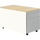 mauser Predalnik s kolesi, V x G 529 x 800 mm, 1 predal za material, 1 predal za obešalne mape, čista bela / aluminijasto siva / javor | Shoptok.si