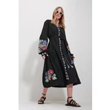 Trend Alaçatı Stili Women's Black V Neck Full Embroidery Lined Woven Dress