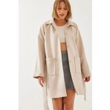 Bianco Lucci Women's Striped Lining Detail Belted Suede Trench Coat 2601 | Shoptok.si