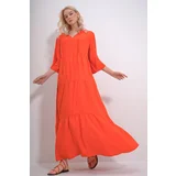 Trend Alaçatı Stili Women's Orange V-Neck Front Lace-Up Layered Flounced Woven Viscose Dress