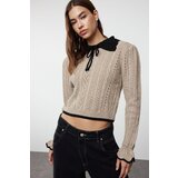Trendyol Mink Crop Openwork/Perforated Polo Neck Knitwear Sweater | shoptok.hr