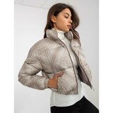 Fashion Hunters Dark beige short quilted down jacket with patterns Cene