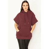 Şans Women's Plus Size Damson 3 Thread Raised Kangaroo Pocket And Hooded Short Sleeve Sweatshirt Cene