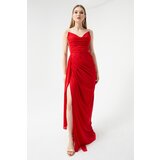 Lafaba Women's Red Bust Draped Slit Glittery Evening Dress. Cene