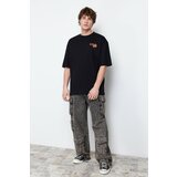 Trendyol Men's Black Oversize /Wide Cut Flower Printed Short Sleeve 100% Cotton T-Shirt Cene