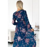 numoco basic Numoco pleated chiffon long dress with neckline, long sleeves and belt | shoptok.hr