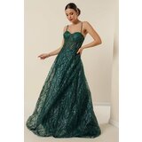 By Saygı Rope Straps with Beading Detail Lined Sequins And Glitter Underwire Long Dress Emerald Cene