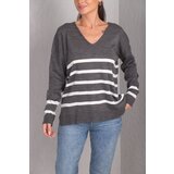 armonika Women's Anthracite V-Neck Stripe Short Front Long Back Long Sweater Cene