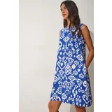 Happiness İstanbul Women's Blue and White Patterned Woven Dress