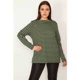 Şans Women's Plus Size Green Crew Neck Long Sleeve Striped Blouse Cene