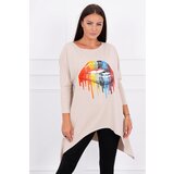 Kesi Oversize blouse with beige rainbow lip print Cene