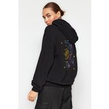 Trendyol Black Thick Fleece Inside Hoodie. Front and Back Printed Oversized Knitted Sweatshirt Cene