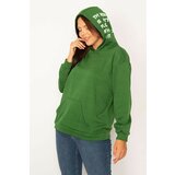Şans Women's Plus Size Green Hooded Kangaroo Pocket Raising Fleece Sweatshirt Cene