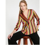 Koton Women's Orange V-Neck 3/4 Sleeve Striped Blouse | ePonuda.com
