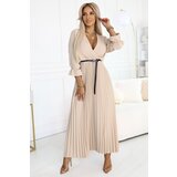 numoco basic 462-5 SERENA Pleated maxi dress with neckline, belt and 3/4 sleeves - DARK BEIGE | Shoptok.si