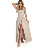 Numoco 633-1 AURELIA long dress with a slit and a diamond neckline - beige with glitter | Shoptok.si