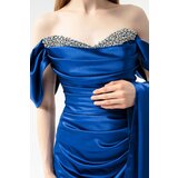 Lafaba Women's Indigo Boat Neck Slit Long Satin Evening Dress | shoptok.hr