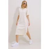 Trend Alaçatı Stili Women Ecru Crew Neck Double Sleeve Slit Dress Cene