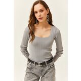 Olalook Women's Gray Square Neck Thick Ribbed Knitwear Blouse | shoptok.hr