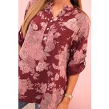 Kesi Włoski Women's cotton shirt with a floral pattern and rolled-up sleeves burgundy | shoptok.hr