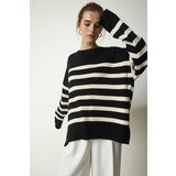 Happiness İstanbul Women's Black Bone Striped Oversize Knitwear Sweater Cene