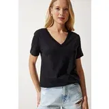 Happiness İstanbul Women's Black V Neck Modal Knitted T-Shirt HW0009