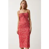  Women's Red White Floral Slit Summer Knitted Dress