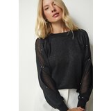 Happiness İstanbul Women's Black Transparent Sleeve Detail Glittery Knitwear Sweater Cene