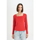 Defacto Regular Fit Square Neck Basic Plain Ribbed Camisole Long Sleeve Red T-Shirt