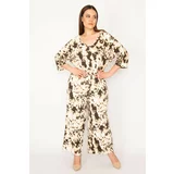 Şans Women's Plus Size Brown Batik Patterned Playsuit with Elastic Waist And Pocket Details, Wide Legs.
